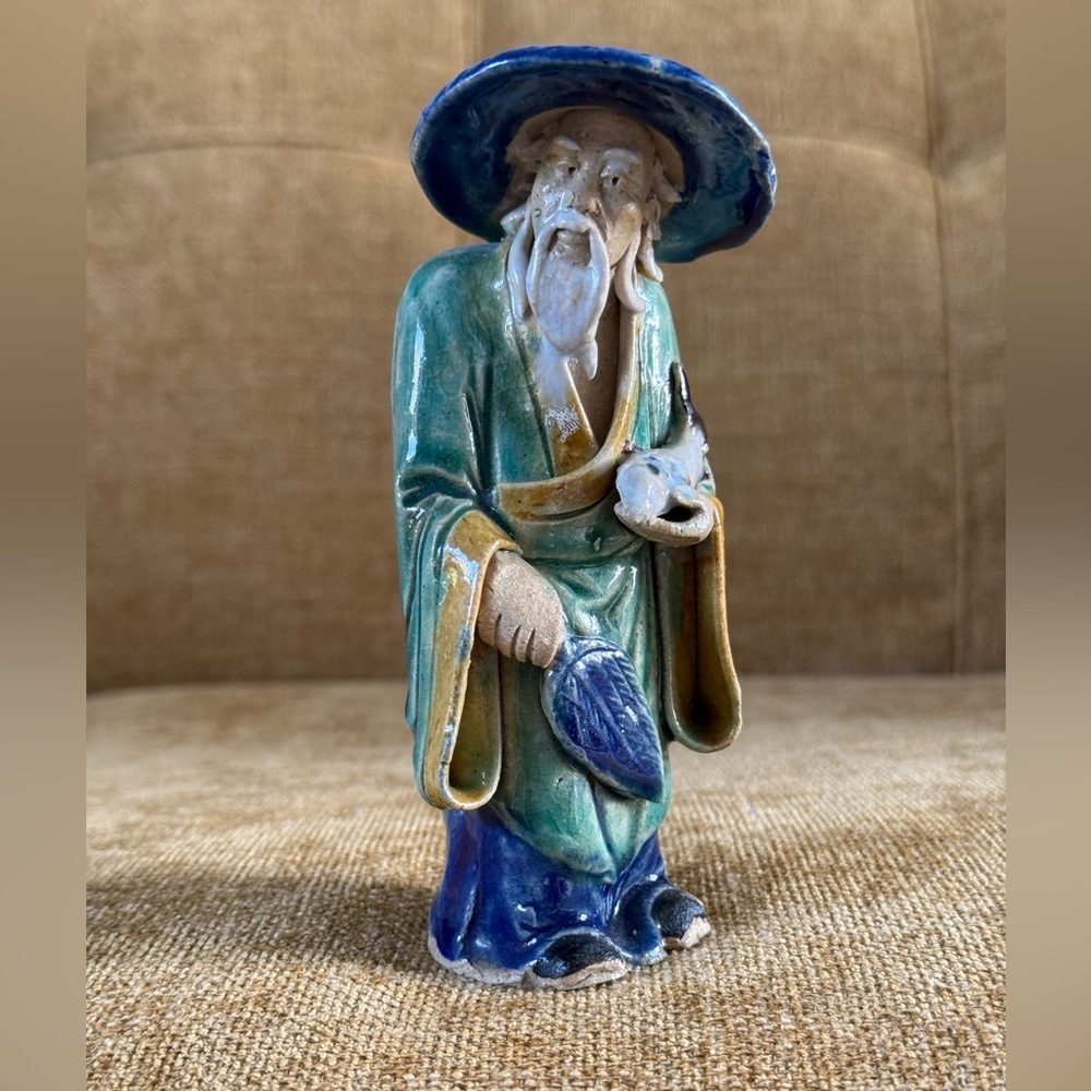 Beautiful Chinese Mud Man, Standing with Leaf Fan, Figurine Early 20th Century